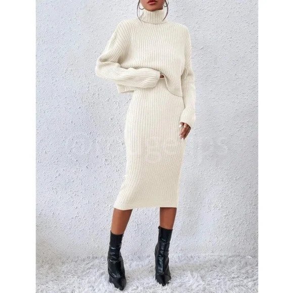 Two Piece White Knit Midi Pencil Dress and Turtleneck Pullover Sweater - Picture 5 of 7